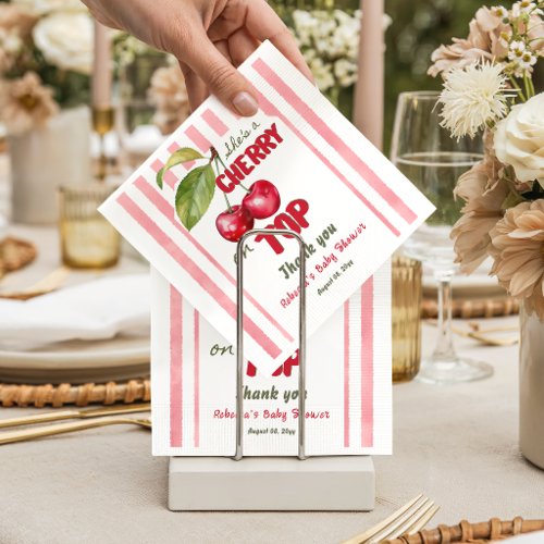 Cherry on Top Retro Pink Stripe Baby Shower Napkins