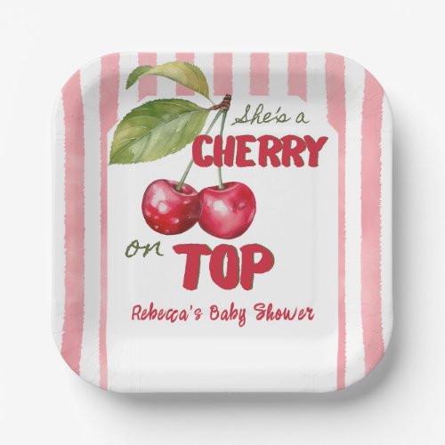Cherry on Top Retro Pink Stripe Baby Shower Paper Plates