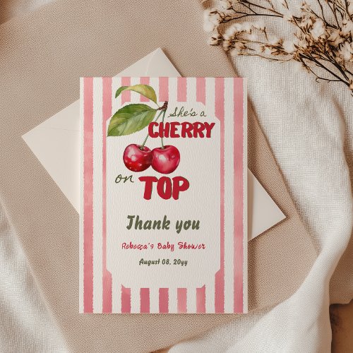 Cherry on Top Retro Pink Stripe Baby Shower Thank You Card