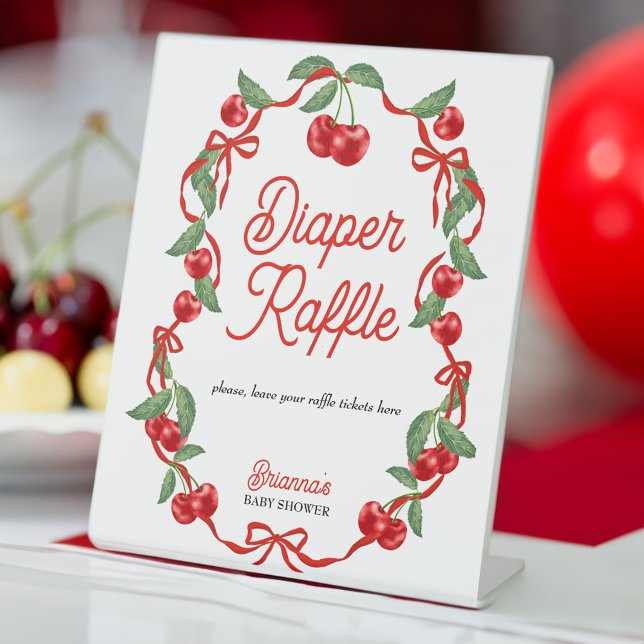 Cherry on top ribbon baby shower diaper raffle pedestal sign (Creator Uploaded)