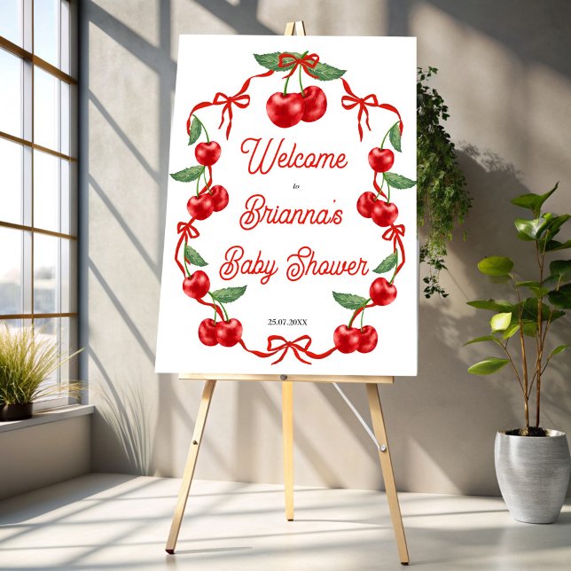 Cherry on top ribbon baby shower welcome sign (Cherry on top red ribbon coquette cherry baby shower welcome sign board personalized signs)