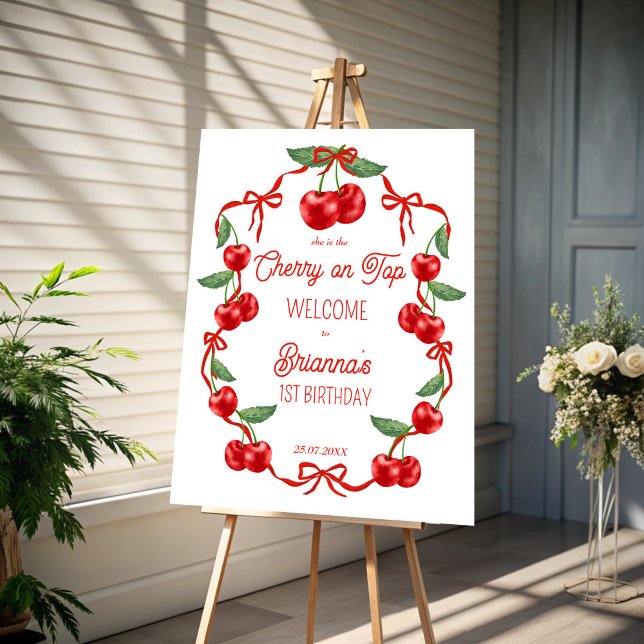 Cherry on top ribbon birthday party welcome sign (Cherry on top red ribbon coquette cherry birthday party personalized welcome sign board)