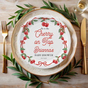 Cherry on top ribbon coquette baby shower paper plates