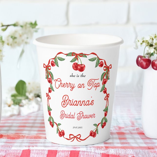 Cherry on top ribbon coquette bridal shower paper cups (Cherry on top ribbon coquette cherry summer bridal shower monogrammed paper cups personalized decor)