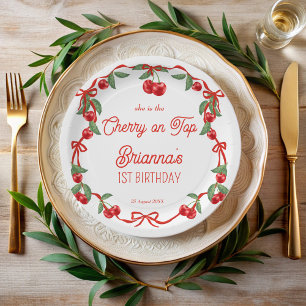 Cherry on top ribbon whimsical birthday monogram paper plates