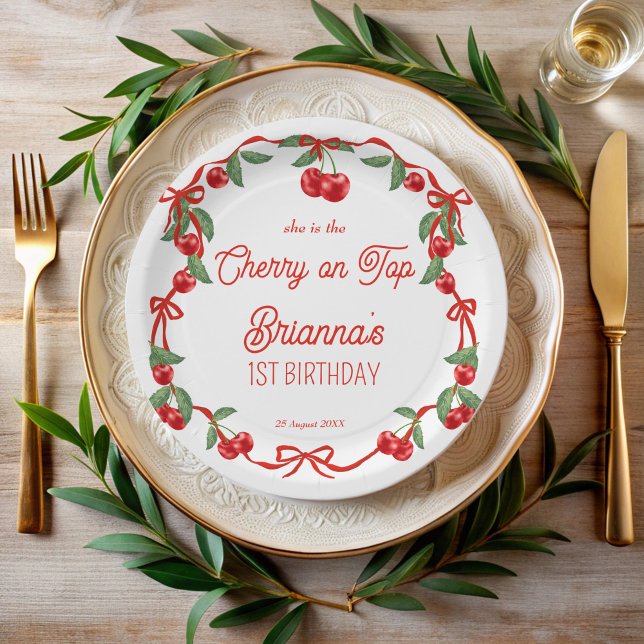 Cherry on top ribbon whimsical birthday monogram paper plates (Cherry on top red ribbon whimsical cherry birthday party monogram paper plates personalized decor)