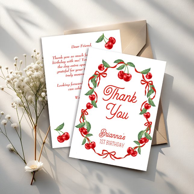 Cherry on top ribbon whimsical birthday party thank you card (Cherry on top red ribbon whimsical cherry birthday party thank you cards )