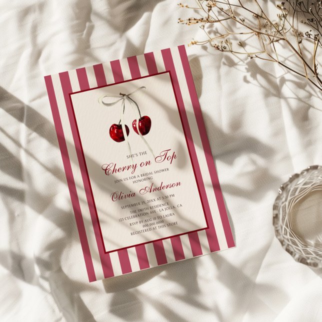 Cherry On Top Striped Bridal Shower Invitation (Creator Uploaded)