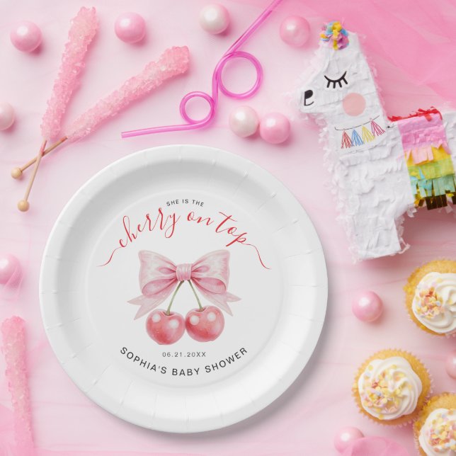 Cherry On Top Sweet Coquette Girl Baby Shower Paper Plates (Party)