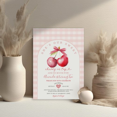 Cherry On Top Sweet Pink Gingham Girl Baby Shower Invitation