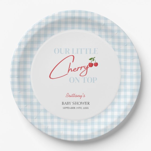 Cherry on Top Tartan Plaid Baby Shower Paper Plates (Front)