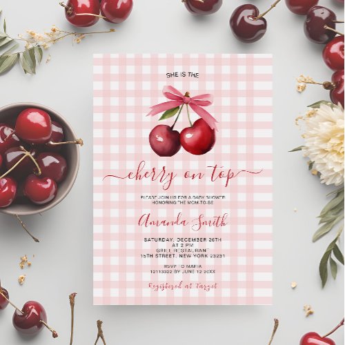 Cherry On Top with Bow Baby Shower Invitation 