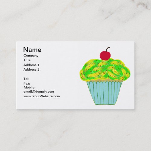 Cherry on Top Yellow and Green Vanilla Cupcake Business Card