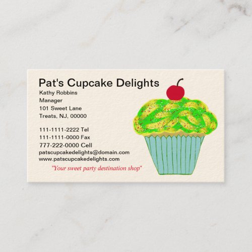 Cherry on Top Yellow Green Frosted Vanilla Cupcake Business Card