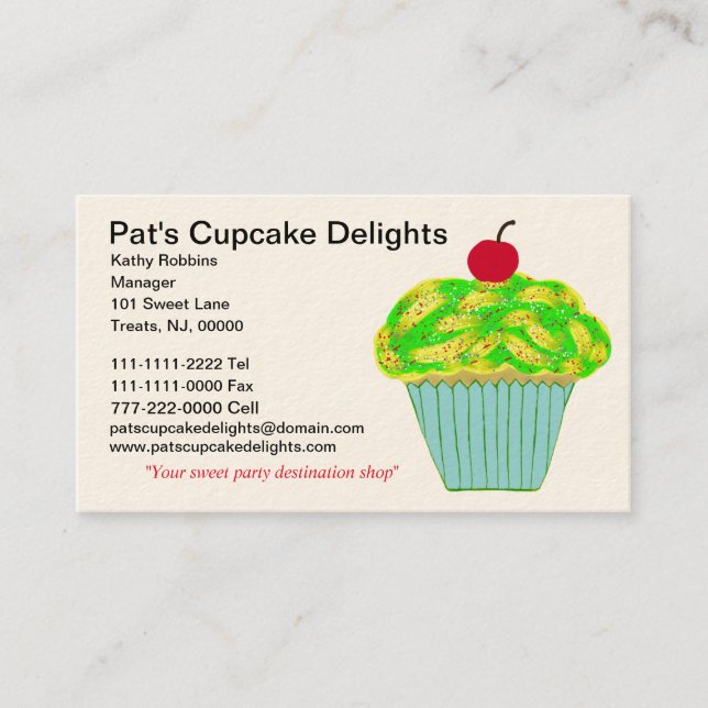 Cherry on Top Yellow Green Frosted Vanilla Cupcake Business Card (Front)