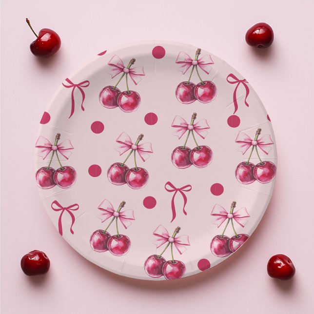 Cherry Pastel Pink & Red Bow Birthday   Paper Plates (Creator Uploaded)