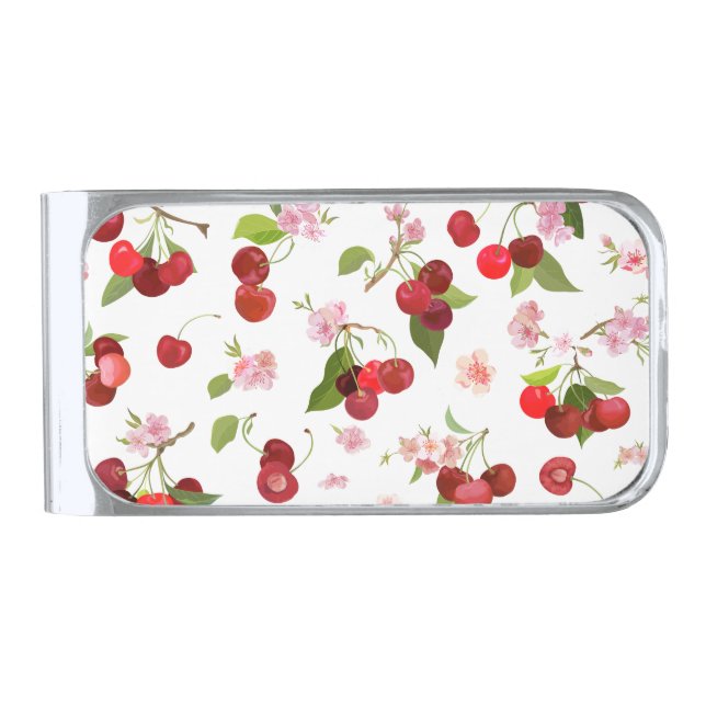 Cherry Pattern 1 Silver Finish Money Clip (Front)