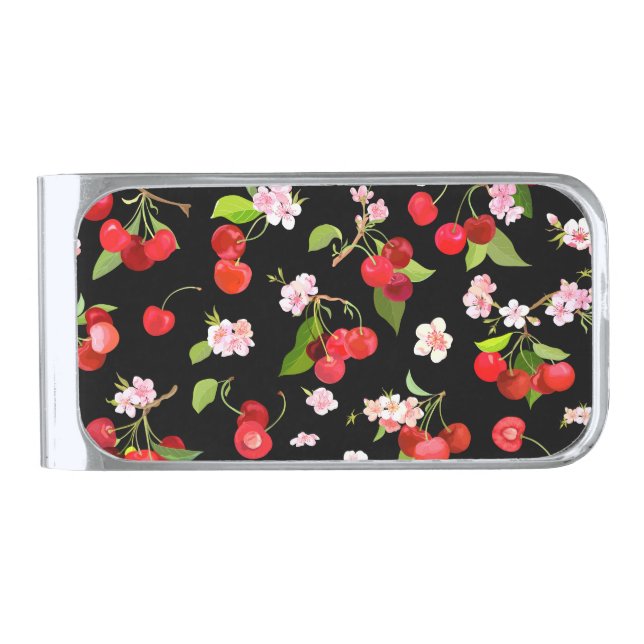 Cherry Pattern 2 Silver Finish Money Clip (Front)