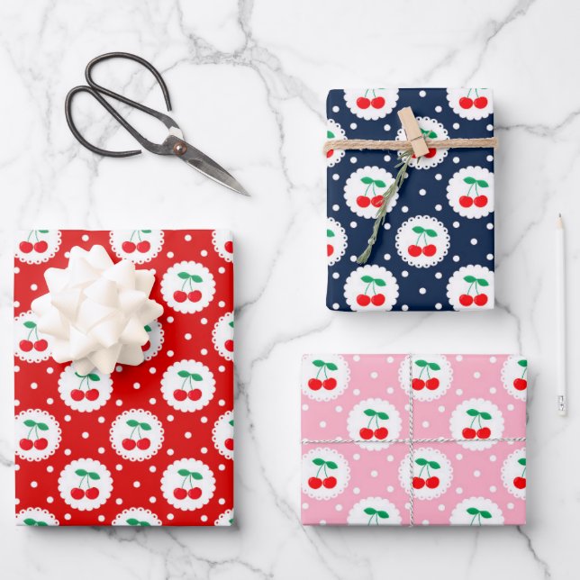 Cherry Pattern – Retro Fruit Gift & Decor Wrapping Paper Sheets (Front)