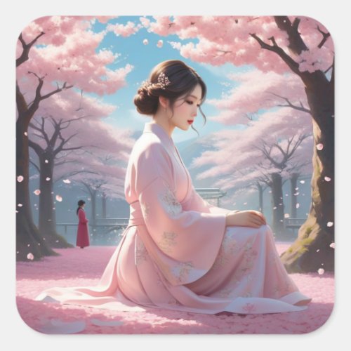 Cherry Petals Blossom Sakura  Kawaii Anime Women  Square Sticker