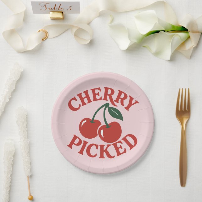 Cherry Picked Trendy Retro Fruit Graphic Party Paper Plates (Wedding)