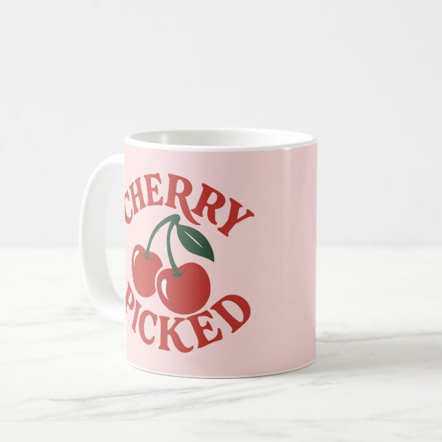 Cherry Picked Trendy Retro Fruit Graphic Pink Coffee Mug (Front Left)