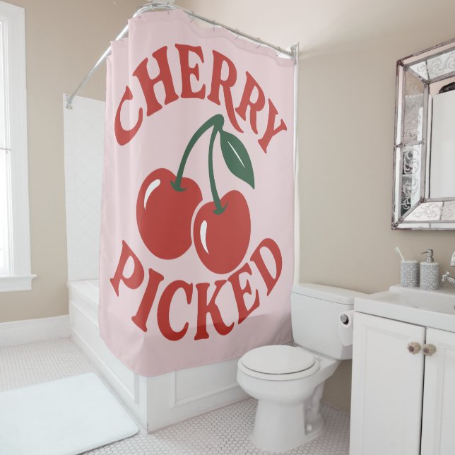 Cherry Picked Trendy Retro Fruit Graphic Pink Shower Curtain (In Situ)
