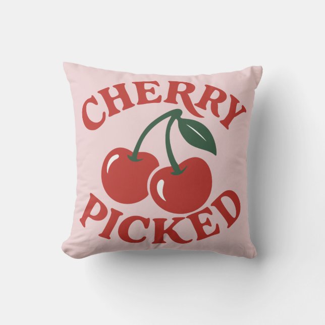 Cherry Picked Trendy Retro Fruit Graphic Pink Throw Pillow (Front)