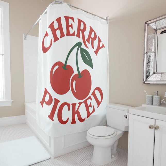 Cherry Picked Trendy Retro Fruit Graphic Shower Curtain (In Situ)