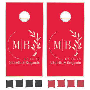 Cherry Picking Pink Leaf Wedding Monogram Cornhole Set