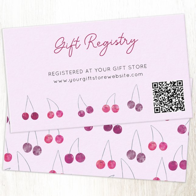 Cherry Pink Baby Shower Gift Registry QR Code Enclosure Card (Cherry pink custom text QR code gift registry enclosure card)