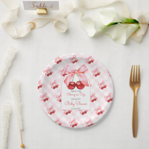 Cherry Pink Bow Baby Shower Paper Plates