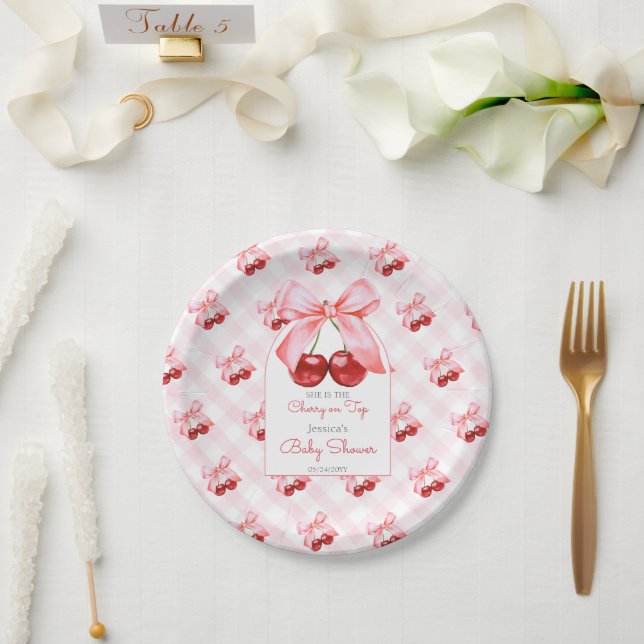 Cherry Pink Bow Baby Shower Paper Plates (Wedding)
