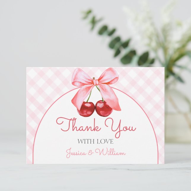 Cherry Pink Bow Baby Shower Thank You Card (Standing Front)