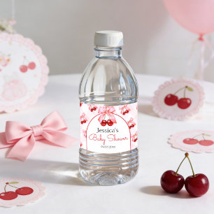 Cherry Pink Bow Girl Baby Shower  Water Bottle Label