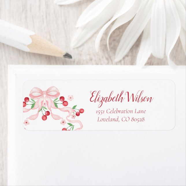 Cherry Pink Bow Return Address Label (Insitu)
