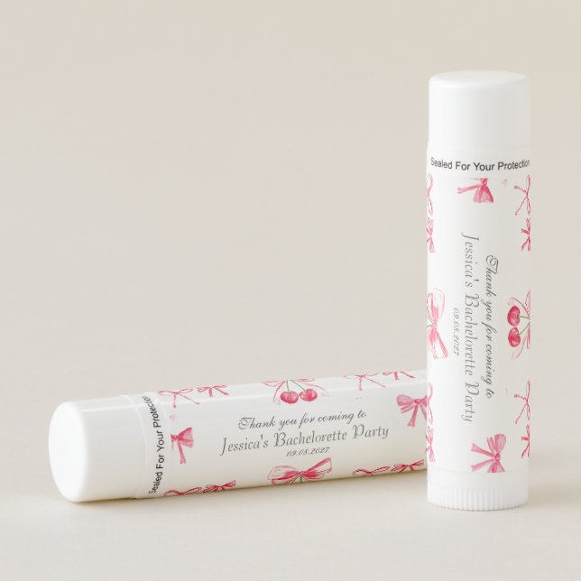 Cherry Pink Bows Coquette Watercolor Bachelorette Lip Balm (Front)