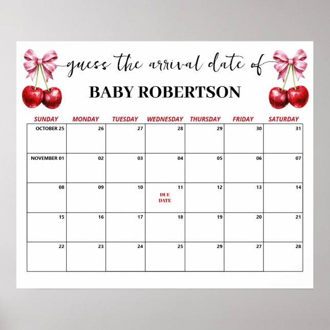 Cherry Pink Coquette Baby Guess Due Date Calendar Poster (Front)