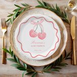 Cherry pink coquette baby shower customized paper plates<br><div class="desc">Cherry pink bow coquette whimsical baby girl baby shower monogrammed paper plates template ,  cute cherries with a bow ribbon border baby shower personalized paper plates,  cherry baby shower customized paper plates  summer fruit baby shower personalized table decor cherry baby shower party supplies</div>