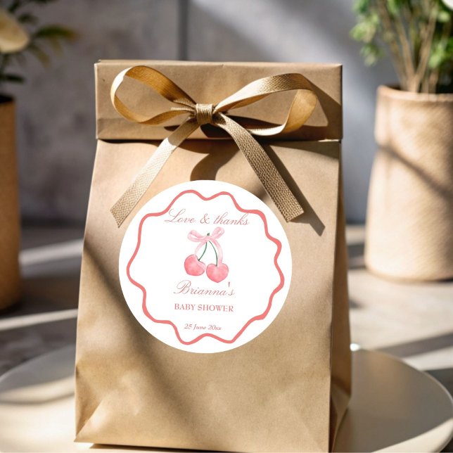 Cherry pink coquette baby shower favor classic round sticker (Cherry pink coquette baby shower favor stickers personalized thank you favor stickers)