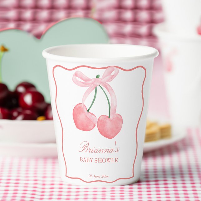 Cherry pink coquette baby shower paper cups (Cherry pink coquette baby shower personalized paper cups summer fruit baby shower table decor)