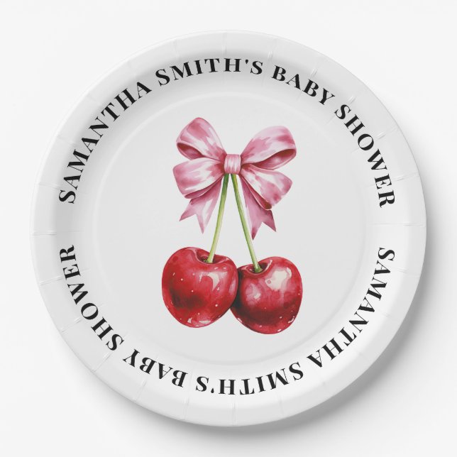 Cherry Pink Coquette Baby Shower Round Paper Plates (Front)