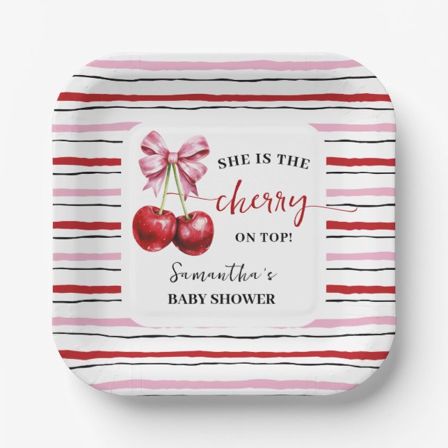 Cherry Pink Coquette Baby Shower Square Paper Plates (Front)