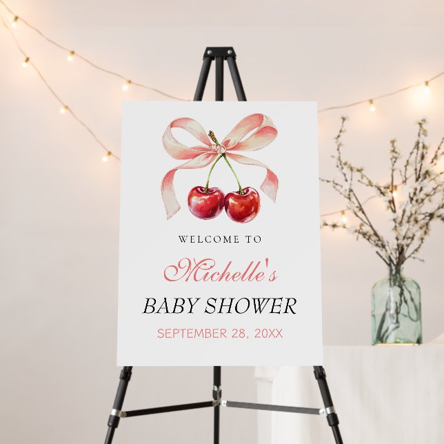 Cherry Pink Coquette Baby Shower Welcome Sign (In Situ (Stand))