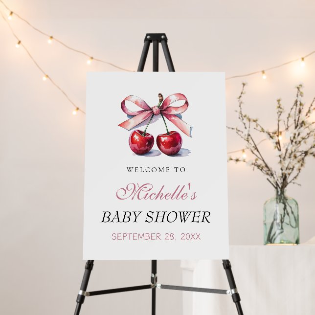 Cherry Pink Coquette Baby Shower Welcome Sign (In Situ (Stand))