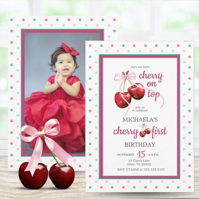  Cherry Pink Coquette Bow First Birthday Photo Invitation (Cherry First Birthday Polka Dot Photo Invitation)