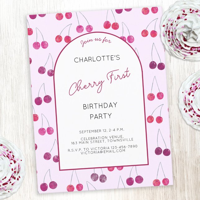 Cherry Pink First Birthday Party Invitation Postcard (Pink watercolor cherries Cherry First birthday party invitation with custom text)