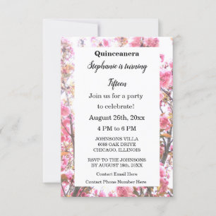 Cherry Pink Floral Quinceanera Fifteenth Birthday Invitation