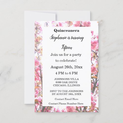 Cherry Pink Floral Quinceanera Fifteenth Birthday Invitation