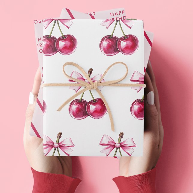 Cherry Pink Happy Birthday  Wrapping Paper Sheets (Creator Uploaded)
